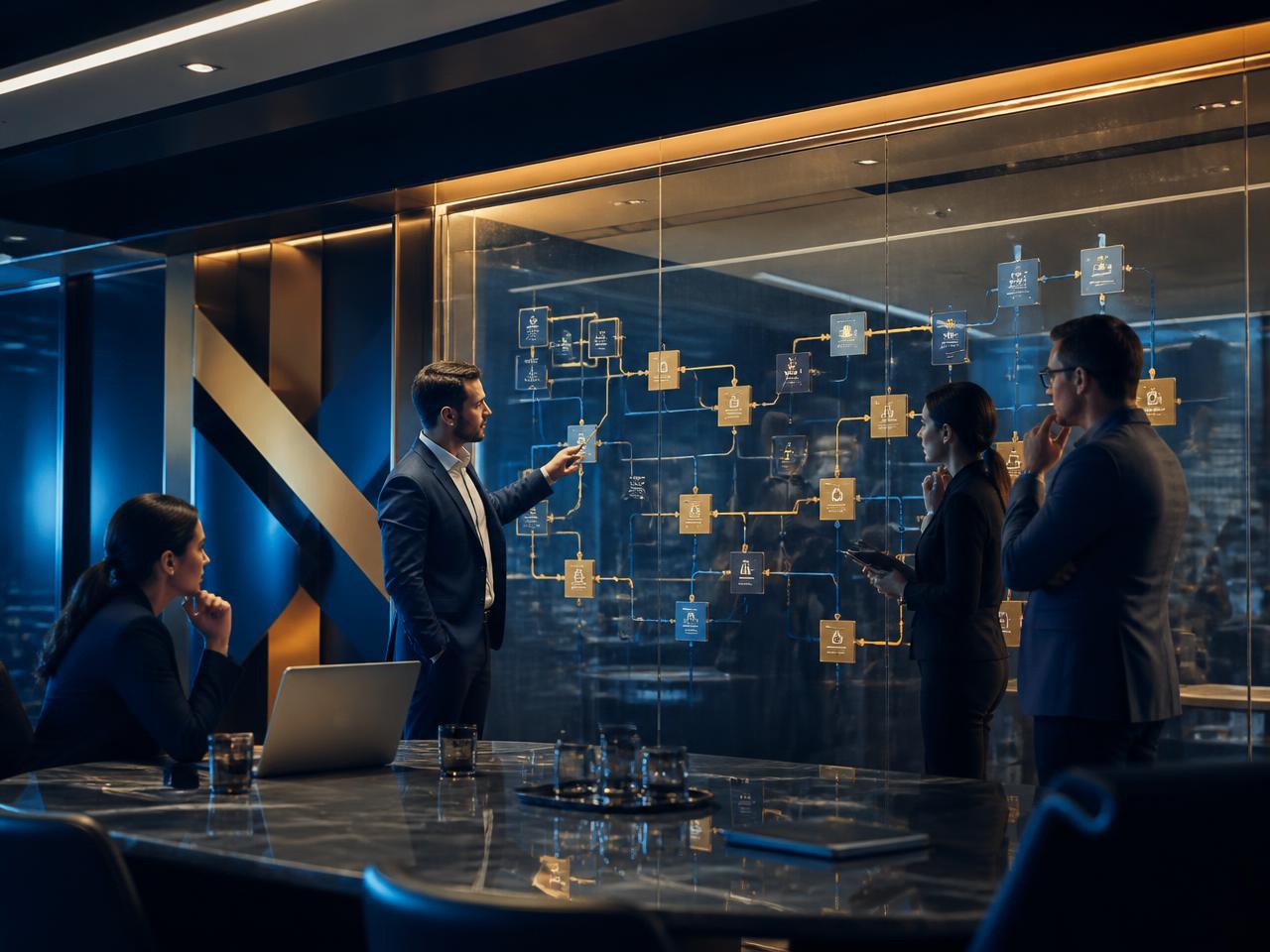 Abstract automation pipeline of connected glowing nodes